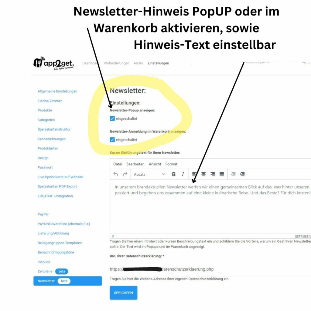 Newsletter-Tool in Digitaler-Speisekarte app2get